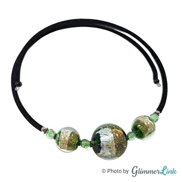 Green & Gold Foil Glass Beads Black Velvet Wire Wrap Choker Necklace - Picture 5 of 10